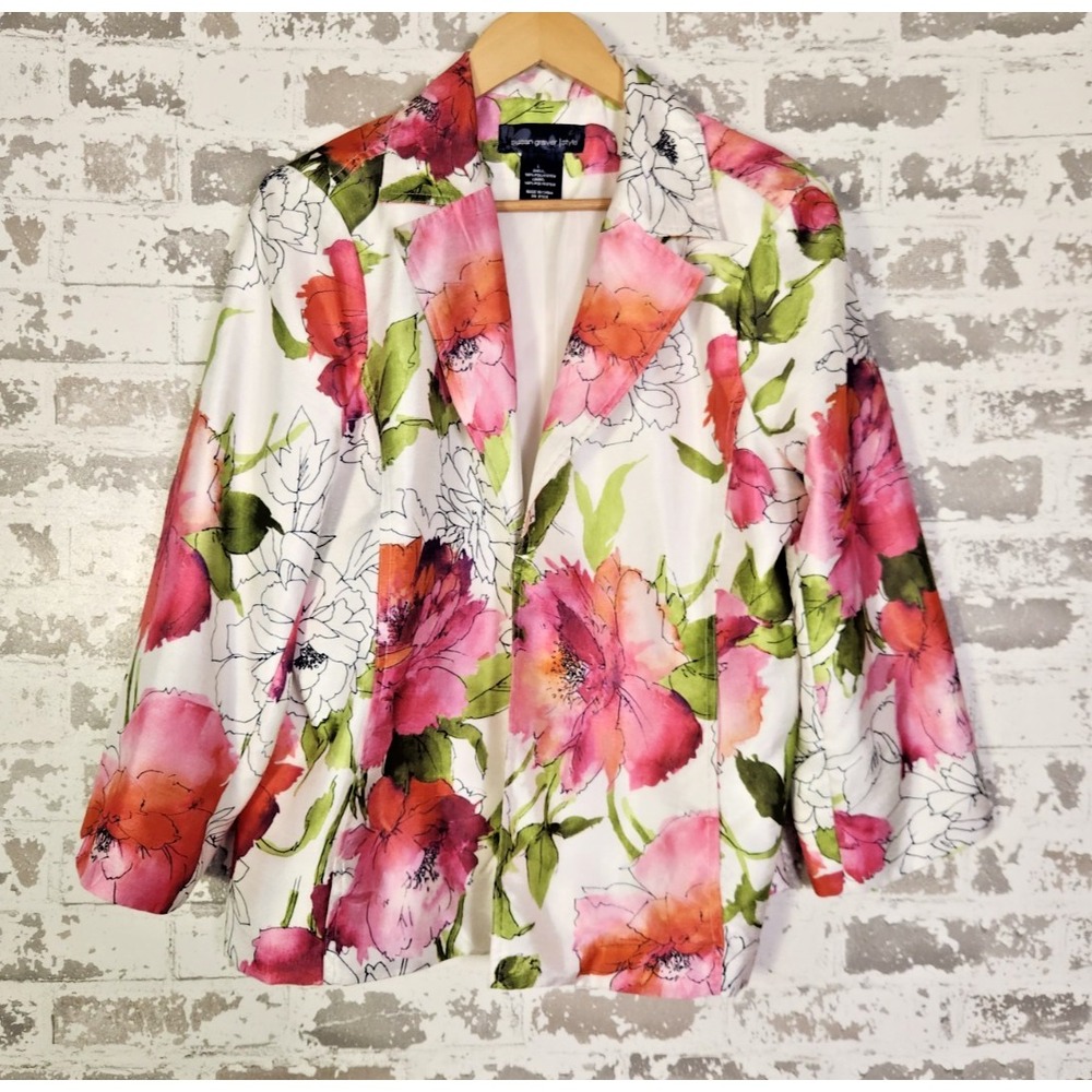 Susan Graver Style Blazer Womens L White Pink Floral Open Front Cottagecore Art